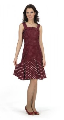 Hrášek, bordó Letní šaty v puntíkatém vzoru 
Složení: viskóza 100%
Země původu: Česká republika
